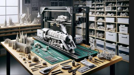 Hochdetailliertes Zugmodell neben einem 3D-Drucker auf einem Arbeitstisch, umgeben von Modellbau-Werkzeugen und Materialien, symbolisiert die Innovation im Modellbau durch 3D-Drucktechnologie.