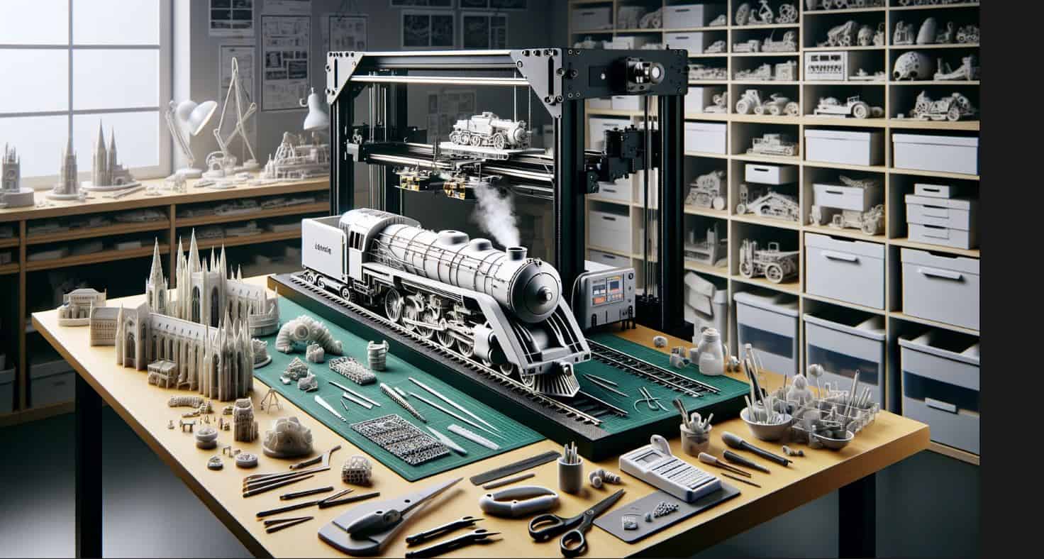 3D-Druck-Modellbauer Hochdetailliertes Zugmodell neben einem 3D-Drucker auf einem Arbeitstisch, umgeben von Modellbau-Werkzeugen und Materialien, symbolisiert die Innovation im Modellbau durch 3D-Drucktechnologie.