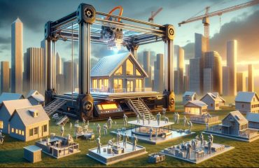 Futuristische Häuser werden durch einen großen 3D-Drucker erstellt, umgeben von Ingenieuren und Technikern, in einer innovativen Siedlung.