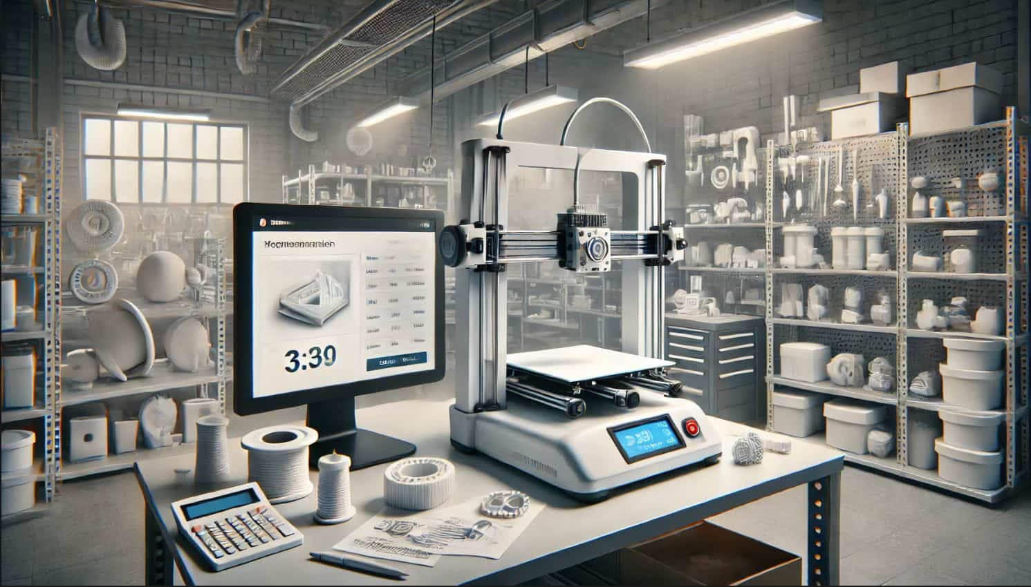 3D-Druck-Service-Kosten-berechnen Ein moderner 3D-Drucker in einer Werkstatt druckt ein Modell, während auf einem Bildschirm ein Kostenkalkulator sichtbar ist.