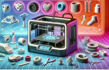 Ein High-Tech-3D-Drucker, der an einem gummiartigen Kunststoffmaterial arbeitet, umgeben von flexiblen Automobilteilen und medizinischen Geräten.