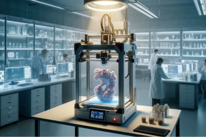 Ein hochmodernes Labor, in dem Wissenschaftler an einem 3D-Drucker arbeiten, der eine organische Struktur aus biokompatiblen Kunststoff druckt, bestimmt für medizinische Anwendungen. Forscher analysieren Daten und überprüfen die Qualität des Materials im Hintergrund.