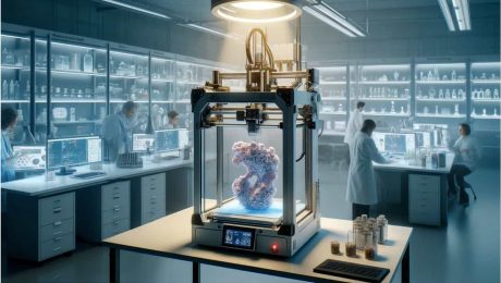 Ein hochmodernes Labor, in dem Wissenschaftler an einem 3D-Drucker arbeiten, der eine organische Struktur aus biokompatiblen Kunststoff druckt, bestimmt für medizinische Anwendungen. Forscher analysieren Daten und überprüfen die Qualität des Materials im Hintergrund.