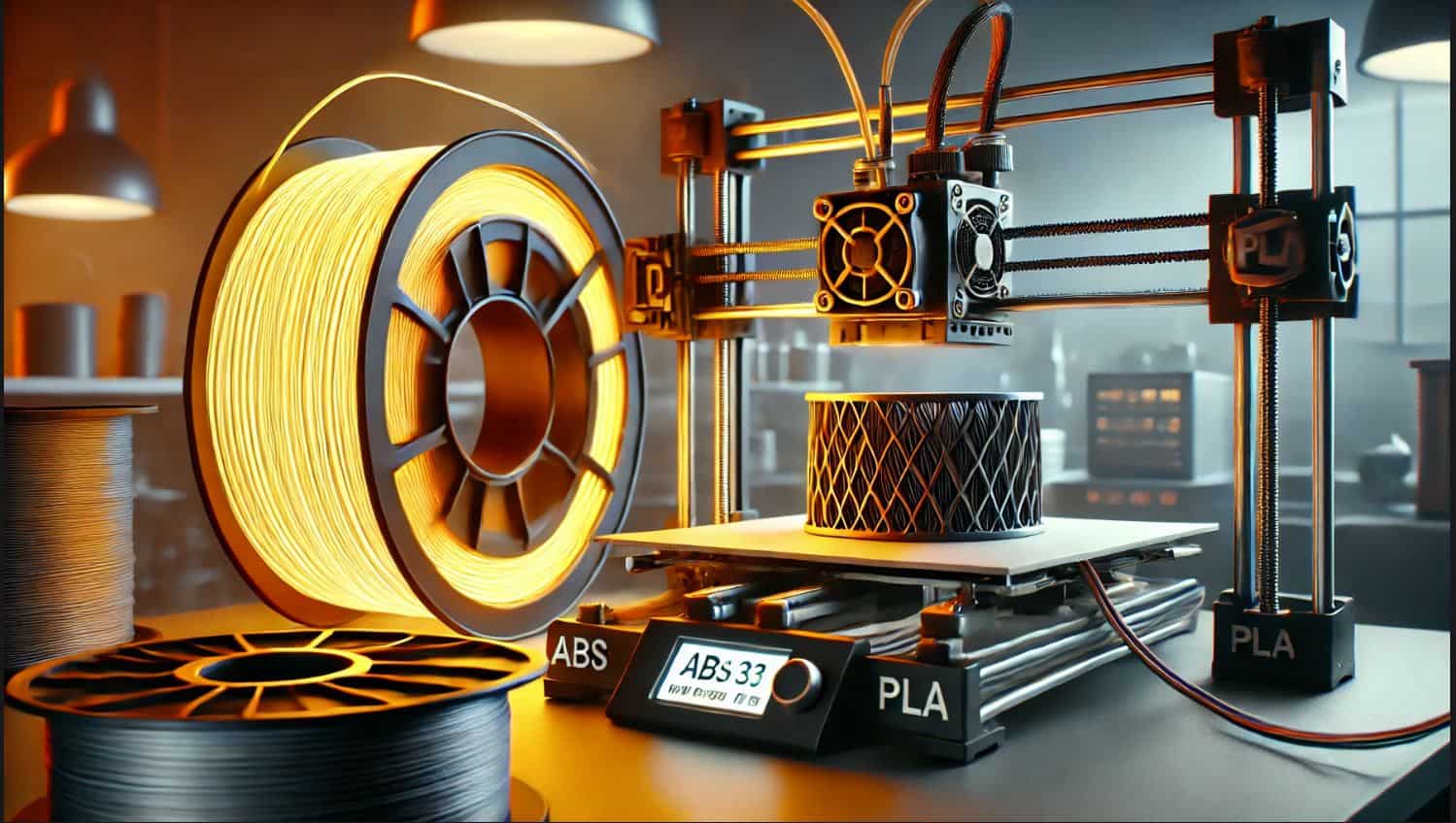Filament-3D-Drucker-Unterschiede Arbeitsbereich mit 3D-Drucker, ABS- und PLA-Filamentrollen im Vordergrund, die Unterschiede der Materialien veranschaulichend.