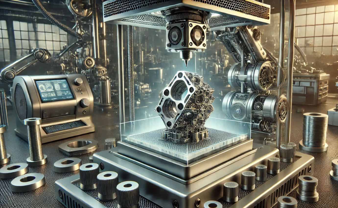 3D-Druck-Maschinenbau Futuristische Darstellung einer Fertigungshalle im Maschinenbau mit 3D-Drucker