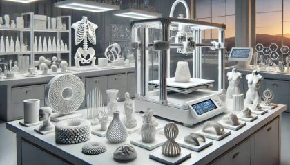 Ein moderner 3D-Drucker fertigt ein detailliertes Objekt aus weißem Keramikmaterial in einem hochmodernen Labor. Im Vordergrund sind verschiedene keramische Prototypen, wie technische Bauteile und medizinische Implantate, auf sauberen Oberflächen zu sehen. Die Szene wird durch dezente Beleuchtung und technisches Equipment im Hintergrund ergänzt.