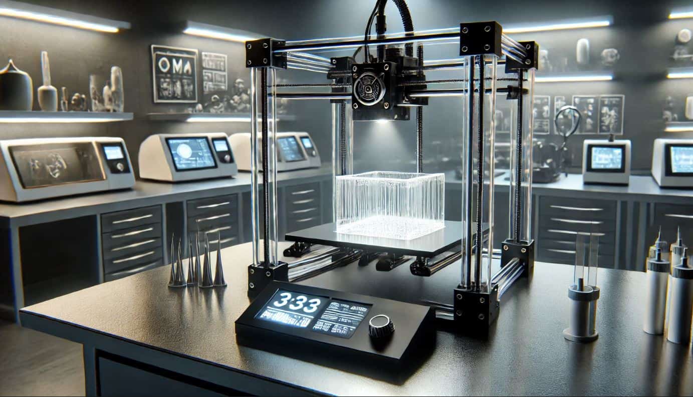 3D-Druck-mit-PMMA Ein PMMA-verarbeitender 3D-Drucker in einem futuristischen Labor.