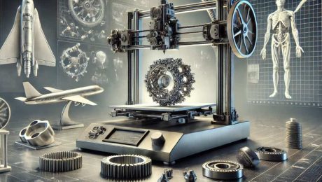 Darstellung eines modernen Metall-3D-Druckers, der ein komplexes metallisches Bauteil fertigt. Im Hintergrund angedeutete Szenen aus der Luft- und Raumfahrt, der Medizin und dem industriellen Werkzeugbau, die die vielfältigen Anwendungen der Technologie veranschaulichen.