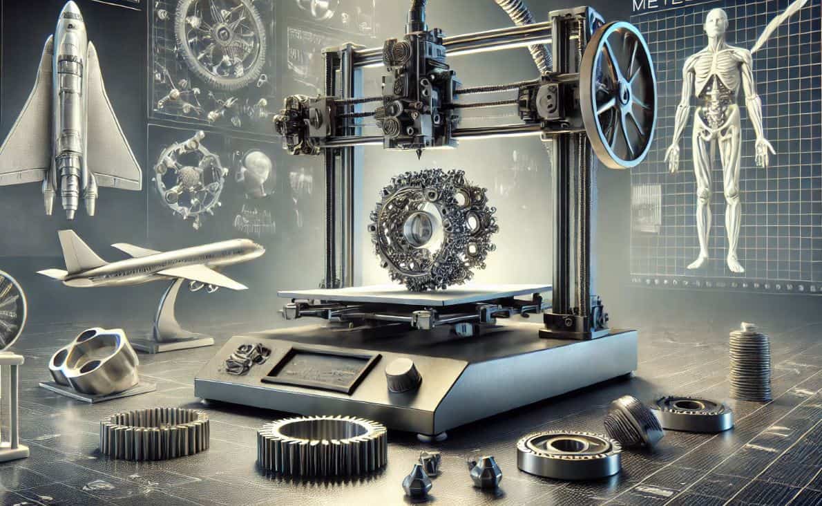 Anwendungen-Metall-3D-Druck Darstellung eines modernen Metall-3D-Druckers, der ein komplexes metallisches Bauteil fertigt. Im Hintergrund angedeutete Szenen aus der Luft- und Raumfahrt, der Medizin und dem industriellen Werkzeugbau, die die vielfältigen Anwendungen der Technologie veranschaulichen.
