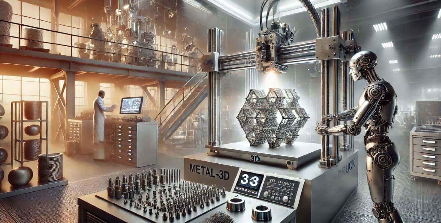 Kosten-Metall-3D-Druck Ein moderner Metall-3D-Drucker in Aktion, der mit Laserstrahlen ein komplexes Bauteil aus Metall formt. Im Hintergrund ist eine High-Tech-Industrieumgebung mit Maschinen und Regalen zu sehen.